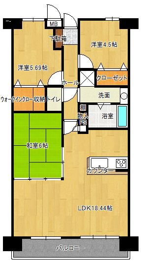 Floor plan. 3LDK, Price 19,800,000 yen, Occupied area 74.34 sq m , It is a good floor plan of the balcony area 9 sq m usability. Living also spacious, It seems also momentum conversation with the family face-to-face kitchen