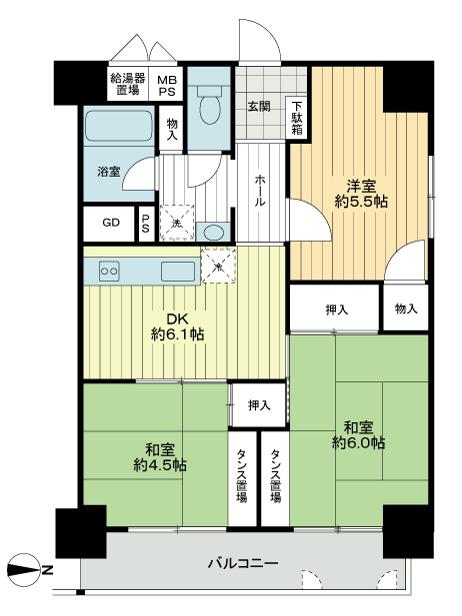 Floor plan. 3DK, Price 10.8 million yen, Occupied area 54.57 sq m , Balcony area 7.34 sq m floor plan