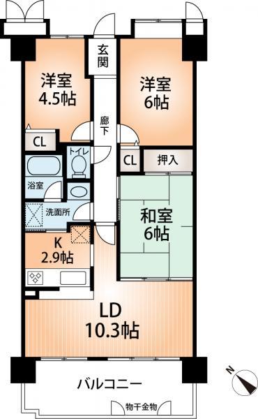 Floor plan. 3LDK, Price 18,800,000 yen, Occupied area 64.31 sq m , Balcony area 11.12 sq m
