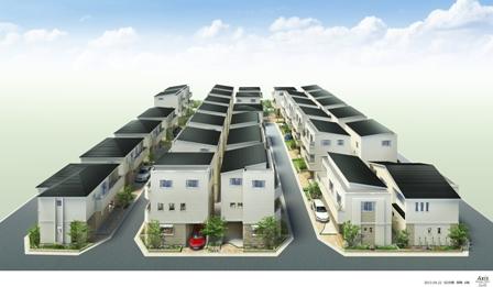 Building plan example (Perth ・ appearance). All 30 House, Cityscape Rendering bird's-eye view.