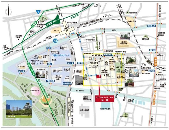 Local guide map. JR Kyobashi Station 10-minute walk, JR Shigino ・ Subway Tsurumi-ryokuchi Line Shigino Station walk 11 minutes, JR Osaka Castle Park Station 8 min. Walk.
