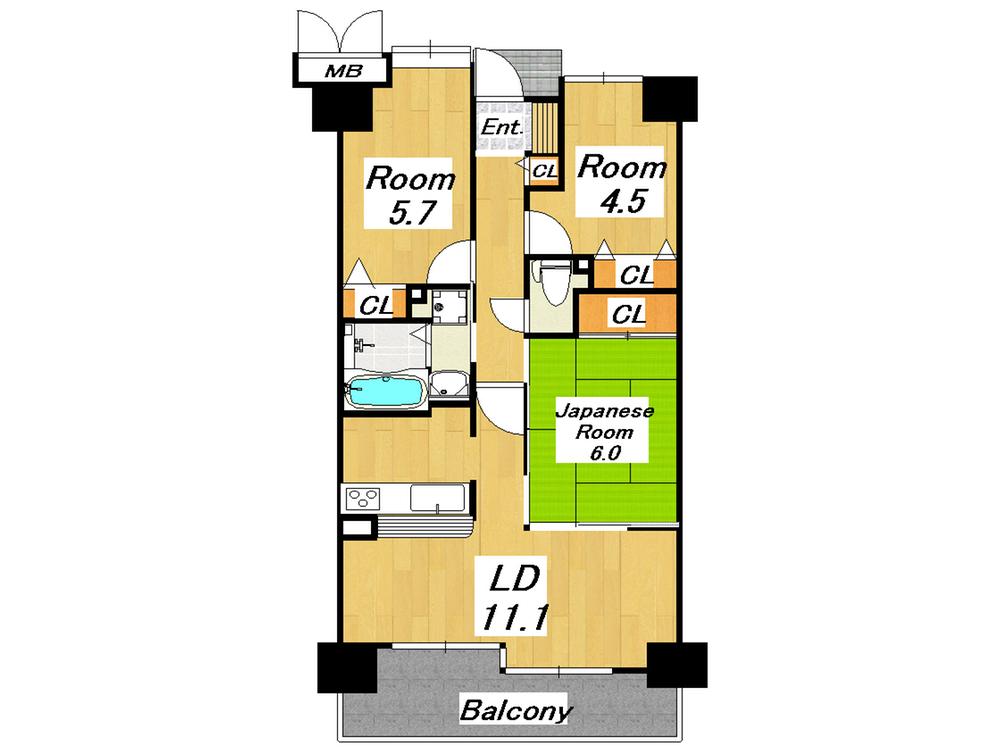 Floor plan. 3LDK, Price 25,800,000 yen, Occupied area 66.41 sq m , Balcony area 9.11 sq m