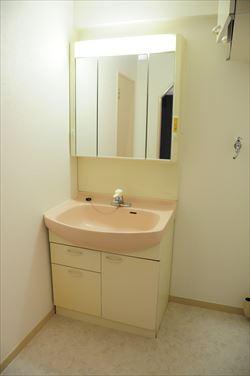 Wash basin, toilet. Women happy three-sided mirror