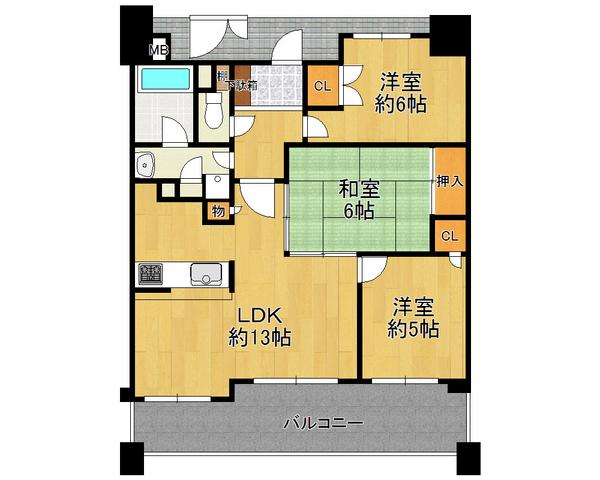 Floor plan. 3LDK, Price 20.8 million yen, Occupied area 63.61 sq m , Spacious living space on the balcony area 14.24 sq m total living room with storage space