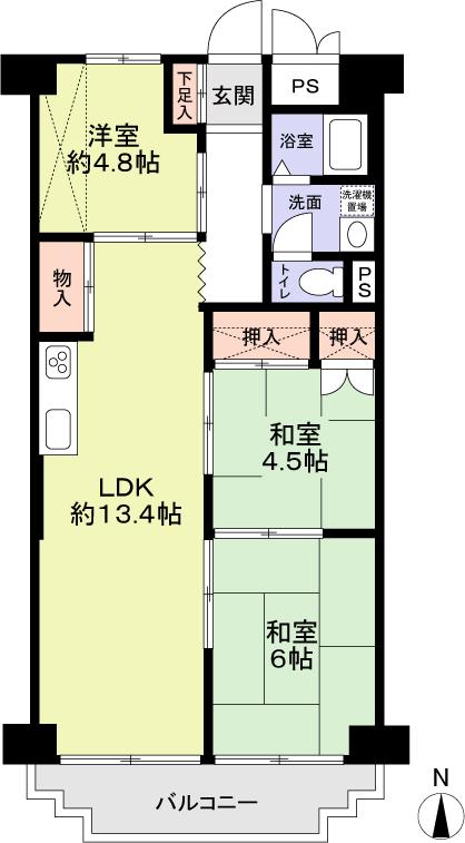 Floor plan. 3LDK, Price 13.8 million yen, Occupied area 60.78 sq m , Balcony area 6.13 sq m