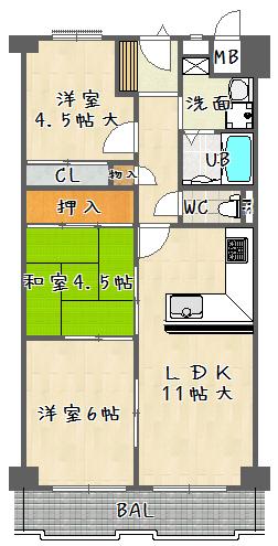 Floor plan. 3LDK, Price 11.5 million yen, Footprint 61.6 sq m , Balcony area 6.36 sq m