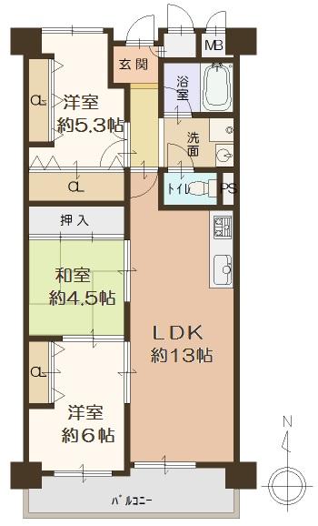 Floor plan. 3LDK, Price 13.8 million yen, Occupied area 64.31 sq m , Balcony area 6.54 sq m   [Floor plan]