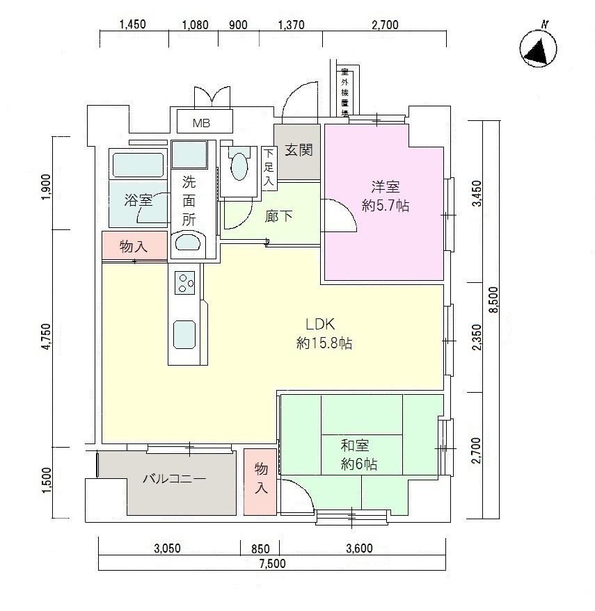 Floor plan. 2LDK, Price 24 million yen, Occupied area 60.13 sq m , Balcony area 4.57 sq m