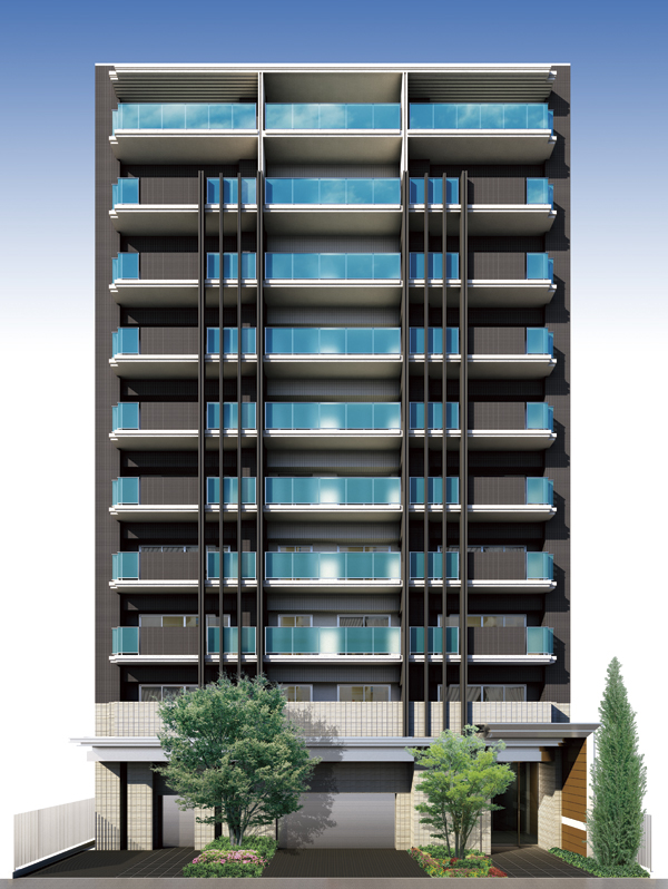 Features of the building.  [appearance] Suitable for high-quality everyday live in the city, Calm colors and square form with a profound feeling is, Richly design with modern fragrant. Balcony surface has a sense of rhythm is directed by incorporating emphasize Marion Yamagata surface-shaped tiles and vertical line with irregularity based on the bluish glass (Rendering)
