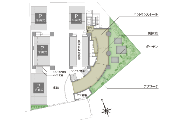Features of the building.  [Land Plan] Set back one step from the main street, Birth to calm location. Also, Since the front road can not pass through, Only nearby residents to use everyday. Without traffic of cars and motorcycles, Quiet living environment is preserved (site layout)