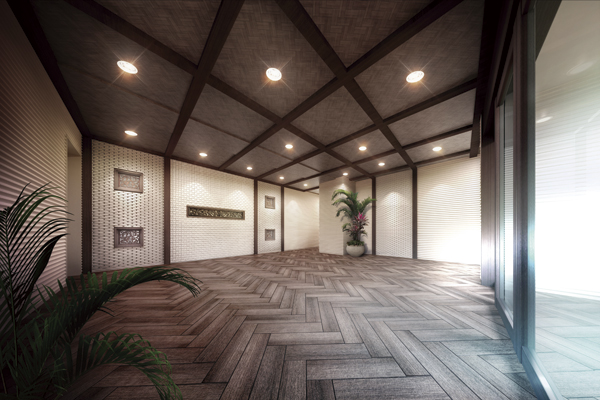 Features of the building.  [Entrance hall] Brown & Ivory system calm entrance hall tones deepen peace. It adopted a high-quality tile, Such as walls and beams posing in the wood relief to produce a ceiling that mimics, Good is felt (Rendering)