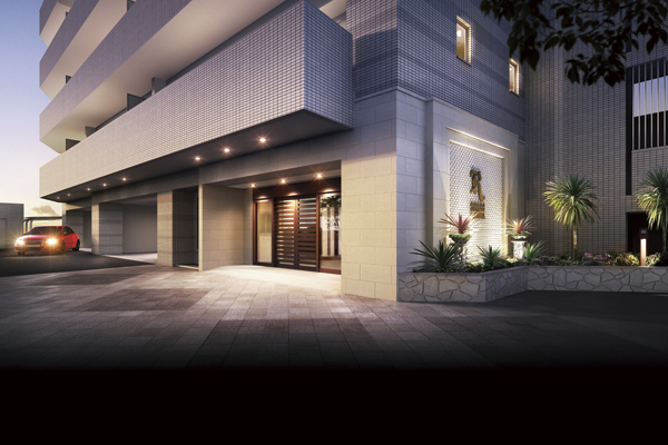 Features of the building.  [Entrance approach] Subjected to a symbolic design to the wall, Entrance approach and produced along with the moisture of planting. Using a high-quality tile with excellent sense of material, Has been finished in the prestigious space full of grace (Rendering)