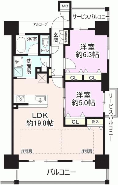 Floor plan. 2LDK, Price 34,800,000 yen, Occupied area 67.58 sq m , Balcony area 10.61 sq m