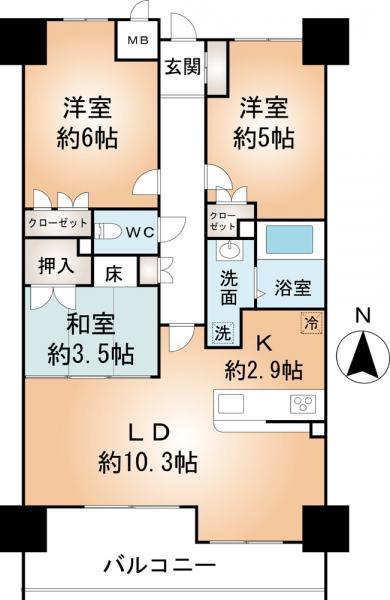 Floor plan. 3LDK, Price 26 million yen, Occupied area 60.12 sq m , Balcony area 8.75 sq m