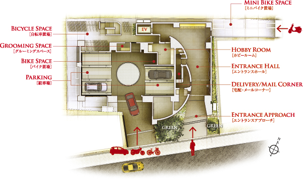 Features of the building.  [Land Plan] Planning which has been subjected to consideration for live the city comfortable throughout the, While providing excellent functionality, Achieve a space well-designed to fulfill a smarter lifestyle. Ya home delivery locker come in handy for those slow return home, Hobby room that can be immersed in a hobby, such as care of the road bike, Convenient grooming space to prepare the pet grooming, etc., Common space of enhancement ・ Facilities to support the active lifestyles  ※ Home delivery locker (free of charge), Hobby Room (free of charge), Grooming space (free of charge ・ Available only Pet Club subscribers) (site layout)