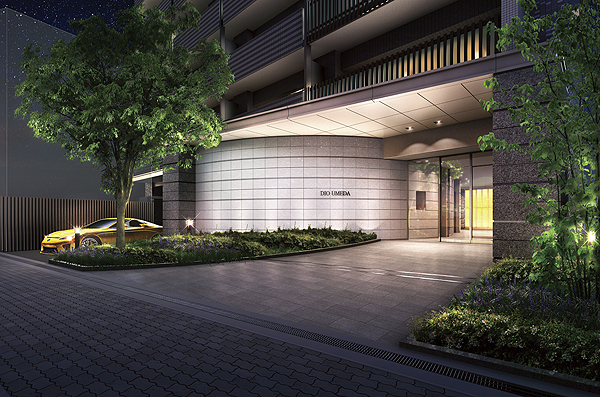 Features of the building.  [Entrance approach] Life that was full of bustle and colorful the "Umeda" and habitat. For high-quality space to meet the style, In the "Dio Umeda", Design that I put a commitment also to the entrance should be called the face of the residence have is pursuing (Rendering)