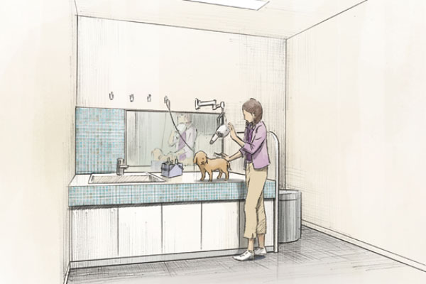 Features of the building.  [Grooming space] Set up a grooming space to fulfill a comfortable pet life. It comes in handy when you prepare the pet grooming ※ Free of charge ・ Pet Club subscribers only accessible (Rendering Illustration)