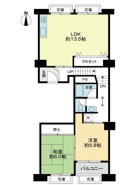 Floor plan. 2LDK, Price 14.8 million yen, Occupied area 69.85 sq m , Balcony area 13.14 sq m