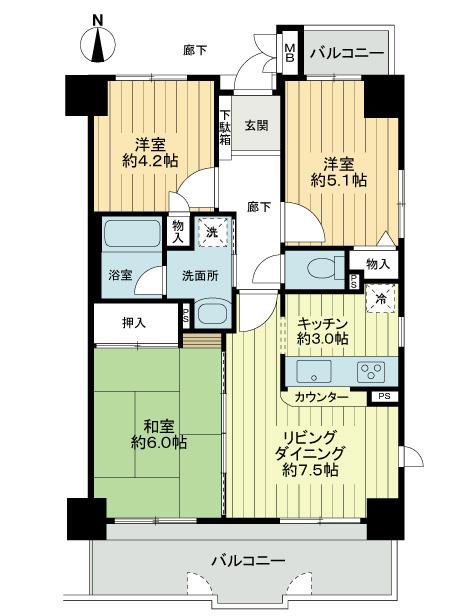 Floor plan. 3DK, Price 24,800,000 yen, Occupied area 57.15 sq m , Balcony area 11.58 sq m