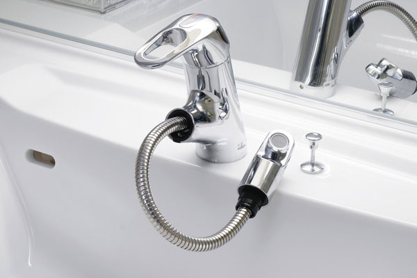 Bathing-wash room.  [Vanity mixing faucet] Mixing faucet handy telescopic to pull out the head unit has been adopted (same specifications)