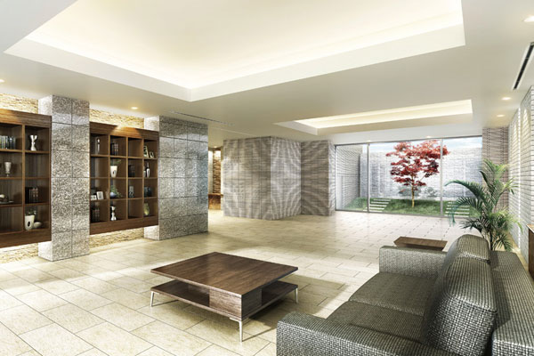 Features of the building.  [Lounge] Granite to Kaorura dignity is on the wall, While adopting a chic shade of tile on the floor, Folding on the ceiling, which was charged with indirect lighting will produce a magnificent expression (Rendering)