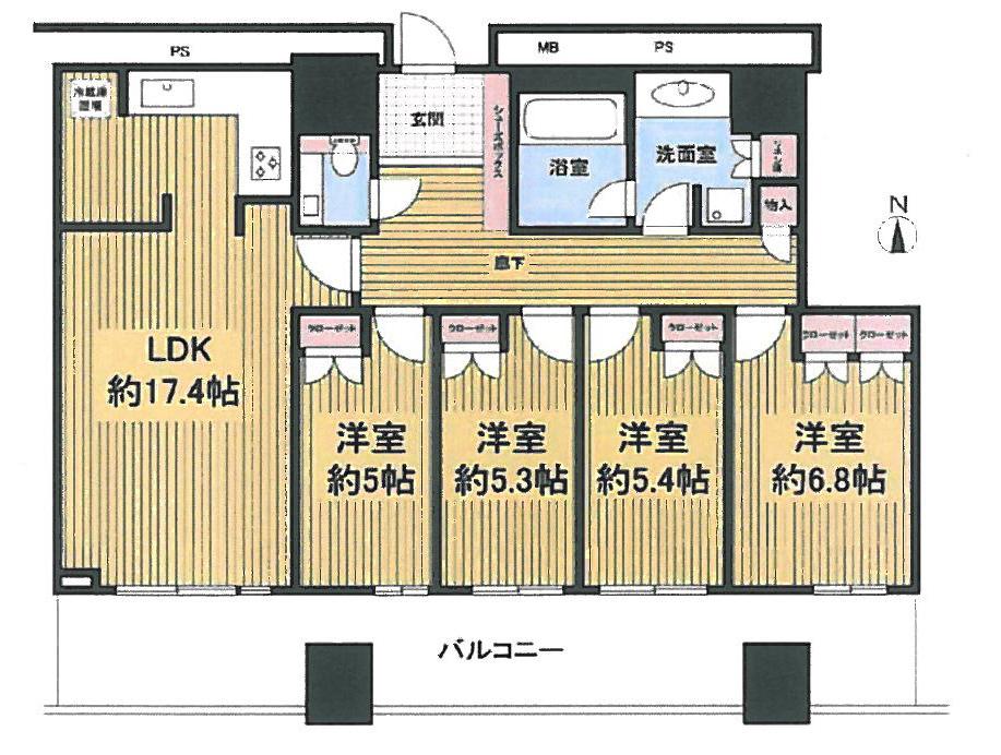 Floor plan. 4LDK, Price 49,300,000 yen, Occupied area 94.81 sq m , Balcony area 22.77 sq m in October 2005 architecture, Each room storage space Yes, We face to all rooms balcony