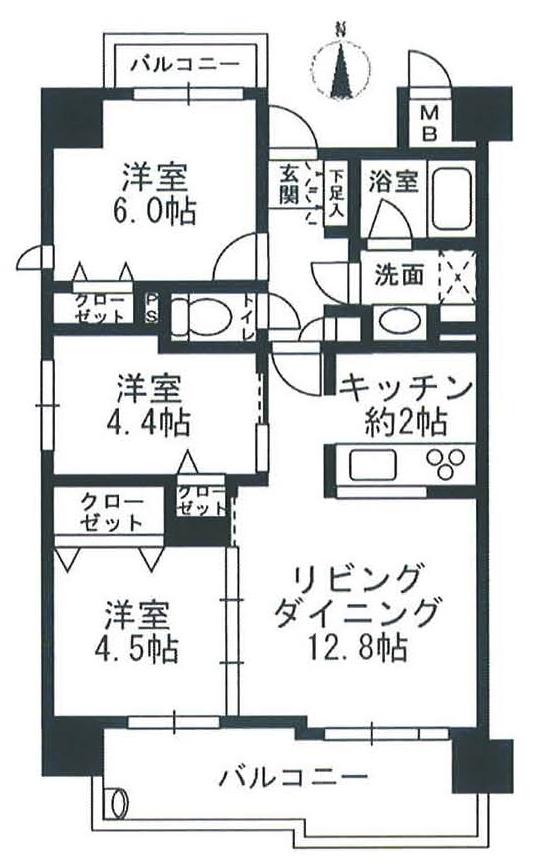 Floor plan. 3LDK, Price 33,800,000 yen, Occupied area 61.09 sq m , Is a floor plan of the balcony area 13.14 sq m 3LDK. Since the LD next to the Western-style 4.5 Pledge is a sliding door Drilled of LDK19.3 quire if Tsunagere It turns into a 2LDK.
