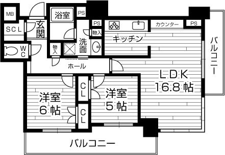 Floor plan. 2LDK, Price 38,800,000 yen, Occupied area 68.17 sq m , Balcony area 14.81 sq m