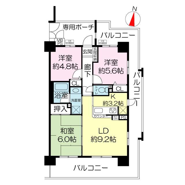 Floor plan. 3LDK, Price 24,800,000 yen, Occupied area 61.71 sq m , Balcony area 28.96 sq m