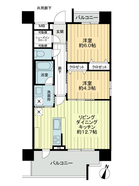 Floor plan. 2LDK, Price 29,990,000 yen, Occupied area 53.46 sq m , Balcony area 11.02 sq m