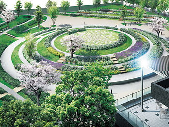 Buildings and facilities. From the south the lower floors dwelling unit, Planting the planting of four seasons, To produce a peace-site panorama of "Garden Park" is spread. Can enjoy the moments that are healed heart to the grace of the season (Rendering)