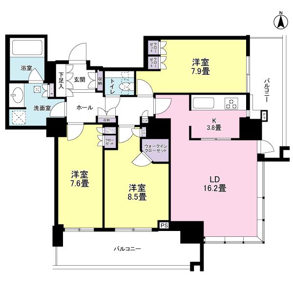 Floor plan. 3LDK, Price 64,800,000 yen, Occupied area 98.86 sq m , Balcony area 21.63 sq m