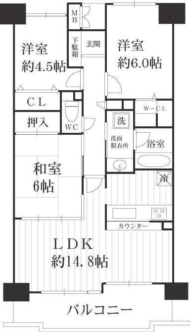 Floor plan. 3LDK, Price 32,800,000 yen, Occupied area 69.99 sq m , Balcony area 10.55 sq m floor plan
