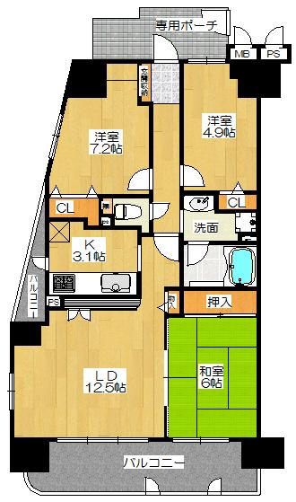 Floor plan. 3LDK, Price 27,900,000 yen, Occupied area 73.39 sq m , Balcony area 13.94 sq m 3LDK