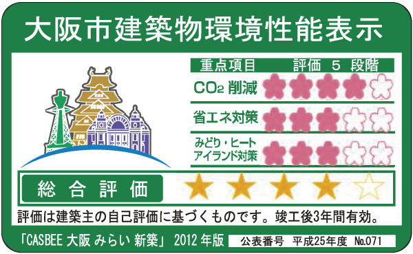 Building structure.  [Osaka City building environmental performance display system] By building comprehensive environment plan that building owners to submit to Osaka, And initiatives degree for the three items, such as reducing CO2 emissions, Overall it has been evaluated in five stages the environmental performance of buildings