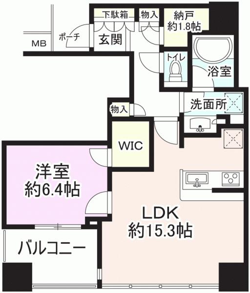 Floor plan. 1LDK, Price 26,900,000 yen, Occupied area 56.03 sq m , Balcony area 6.45 sq m