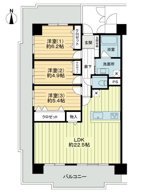 Floor plan. 3LDK, Price 34,800,000 yen, Occupied area 86.14 sq m , Balcony area 39.52 sq m