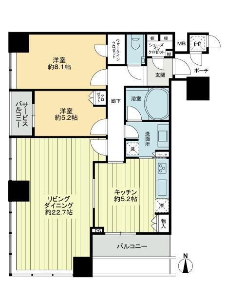 Floor plan. 2LDK, Price 55,800,000 yen, Occupied area 86.08 sq m , Balcony area 7.83 sq m