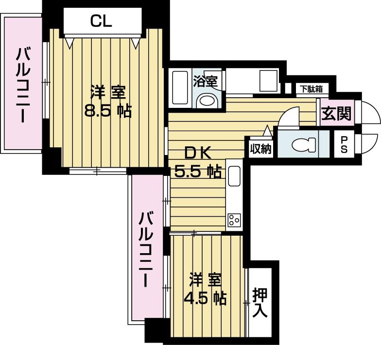 Floor plan. 2DK, Price 10.8 million yen, Occupied area 45.61 sq m , Balcony area 4.4 sq m