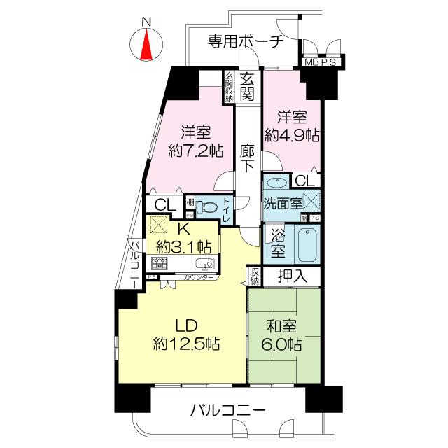 Floor plan. 3LDK, Price 27,900,000 yen, Occupied area 73.39 sq m , Balcony area 13.94 sq m