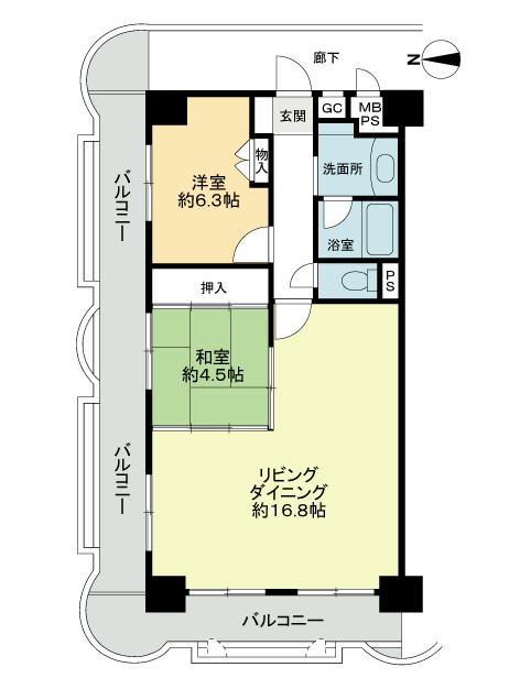 Floor plan. 2LK, Price 17,900,000 yen, Footprint 60.5 sq m , Balcony area 27.26 sq m