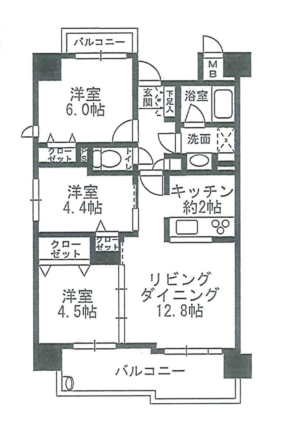 Floor plan. 3LDK, Price 33,800,000 yen, Occupied area 61.09 sq m , Balcony area 13.14 sq m spacious 3LDK!