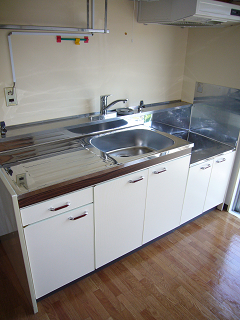 Kitchen. Gas stove is installed type of kitchen