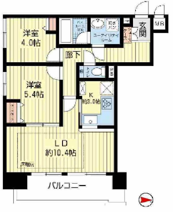 Floor plan. 2LDK, Price 21.9 million yen, Occupied area 54.09 sq m , Balcony area 9.07 sq m