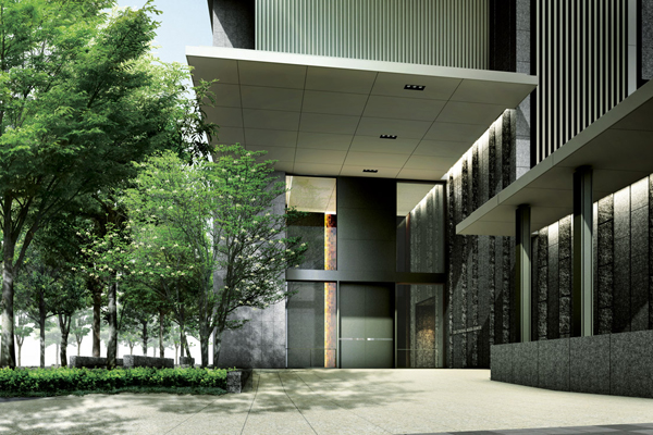 Features of the building.  [Entrance approach] I feel the green of the rich forest, While looking up at the louver to change the look of the shadow by the light, Natural stone from the approach of paving stones toward the entrance of the impressive two-tier atrium. It is a pleasant space toward the area from the town to the private (Rendering)