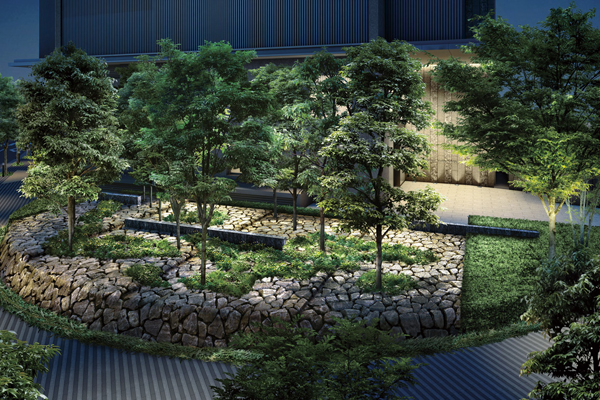 Features of the building.  [Nature address gate] Round of forest to create a suitable entrance area to the city of the private zone "Nature address gate". And the floor was paved with split stone, You column of ordered to overlap evergreen plant is me creating a rich look and depth. Even illumination from the falling sun, Is one of sticking to creating a warm atmosphere in the entrance (Rendering)