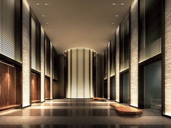  [Nature Art Hall] Nature Art Hall, which was to ensure the space of dynamic two-layer Fukinuki. In front there is a "wall of light", Make up the symmetry of space with arranged the colonnade to relative. Rendering