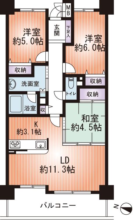Floor plan. 3LDK, Price 22,800,000 yen, Occupied area 66.41 sq m , Balcony area 10.46 sq m usability is a good floor plan