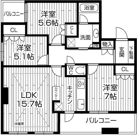 Floor plan. 3LDK, Price 41,800,000 yen, Occupied area 73.39 sq m , Balcony area 10.44 sq m