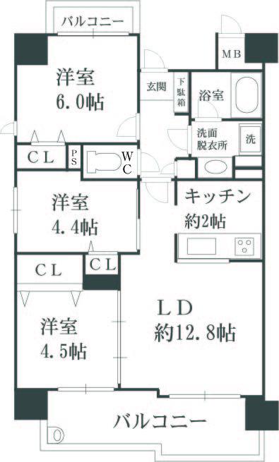 Floor plan. 3LDK, Price 33,800,000 yen, Occupied area 61.09 sq m , Balcony area 13.14 sq m